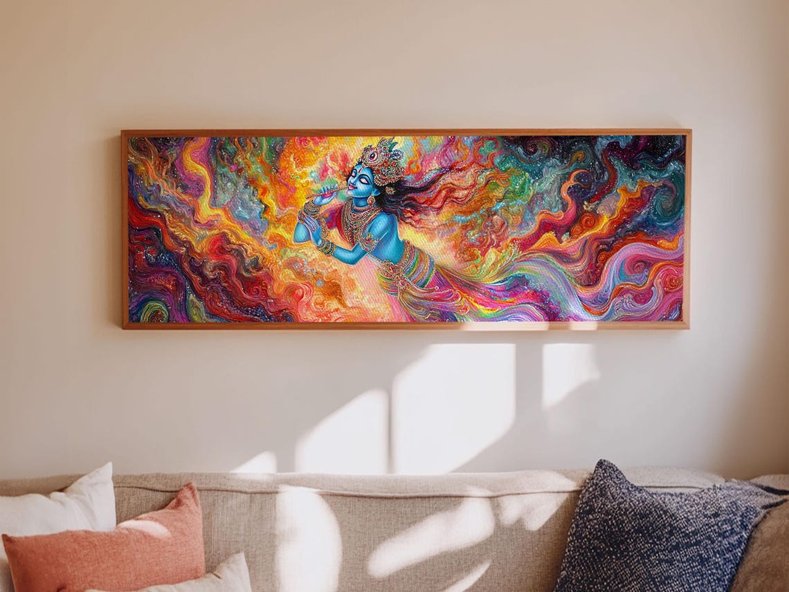 Lord Krishna Colorful Cosmic Panoramic Spiritual Indian Art Poster - Image 6