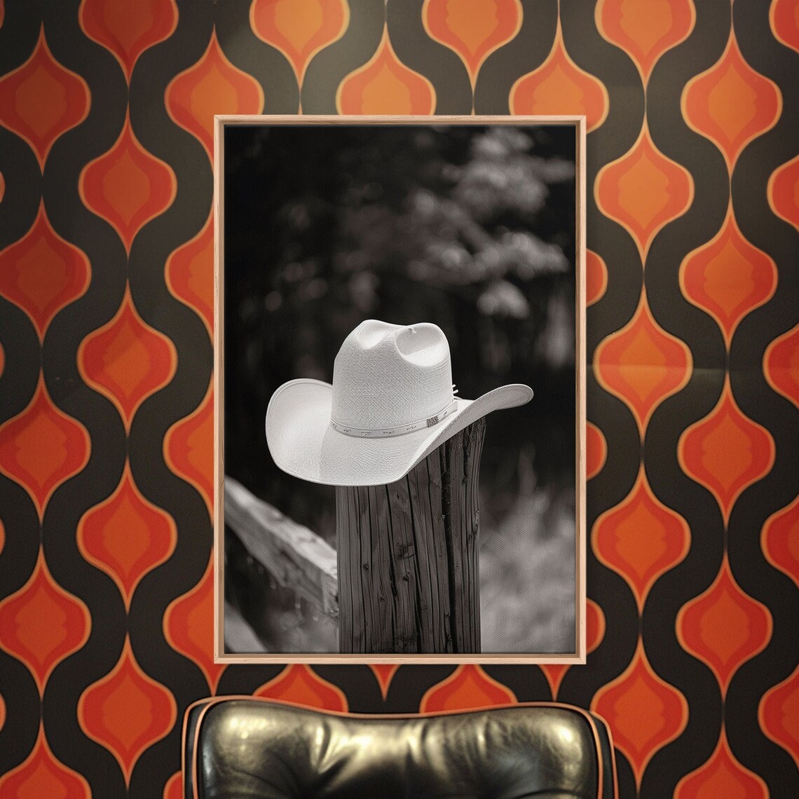White Cowboy Hat On Wooden Fence Post Rustic Black White Photo Poster - Image 5