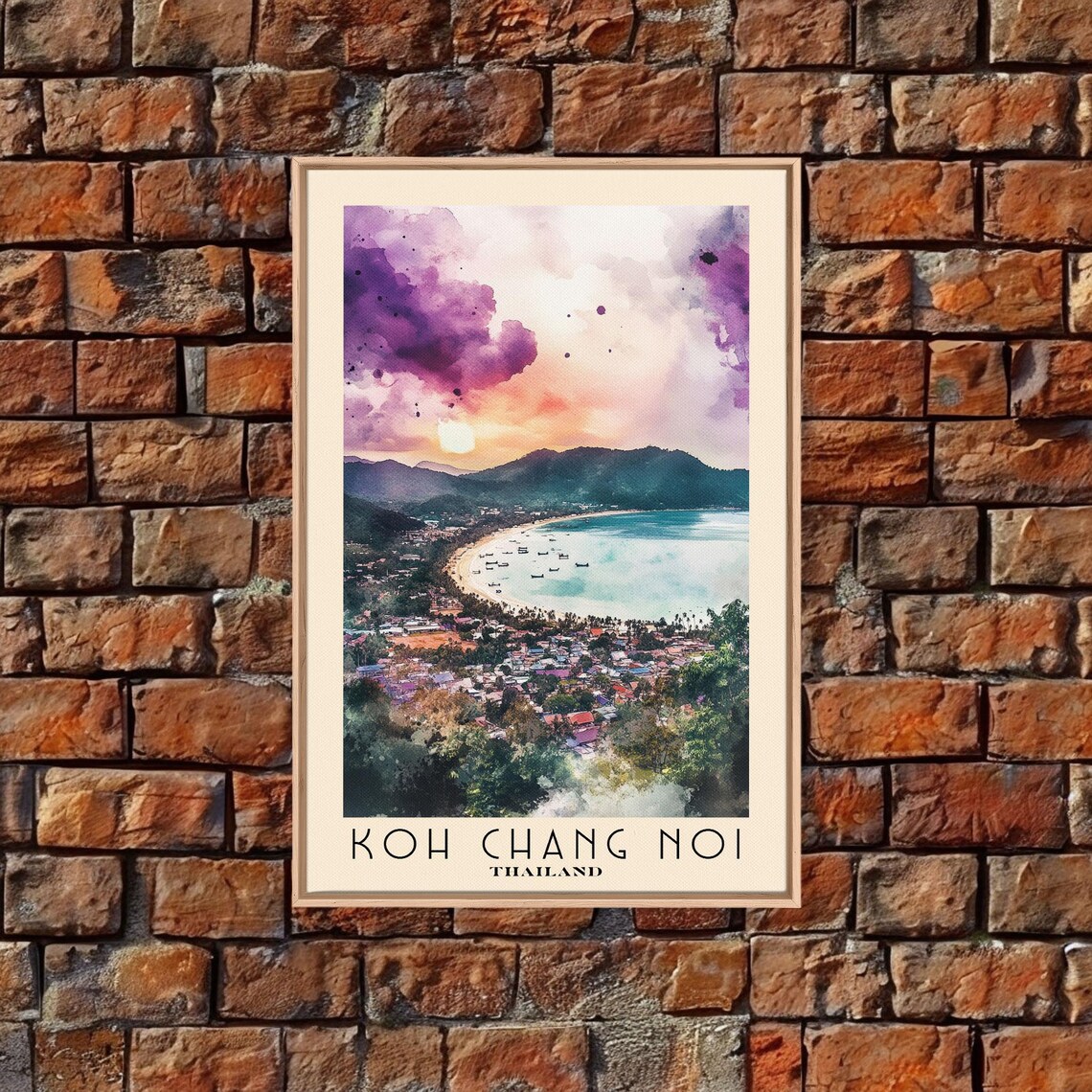 Koh Chang Noi Thailand Purple Sunset Bay Village Boats Watercolor Poster - Image 5