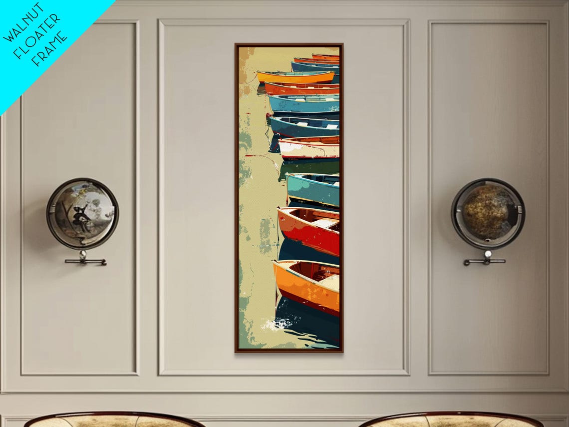 Row Of Colorful Boats On Calm Water Reflections Nautical Tall Wall Art - Image 4