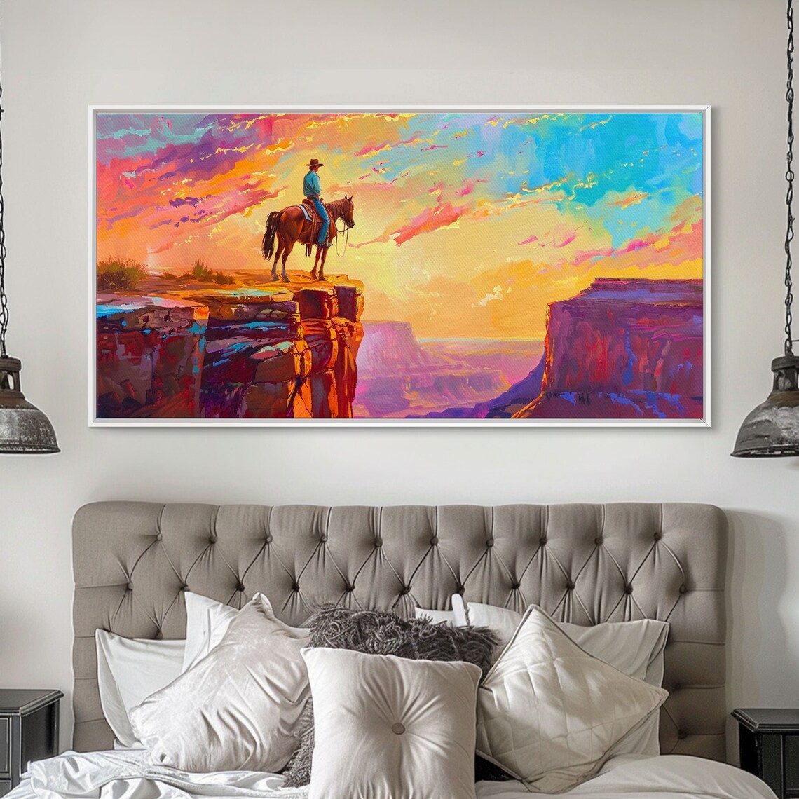 Lone Cowboy At Canyon Edge During Sunset Farmhouse Style Framed Print For Bedroom Wall Art Rustic Home Decor Western Landscape - Image 5