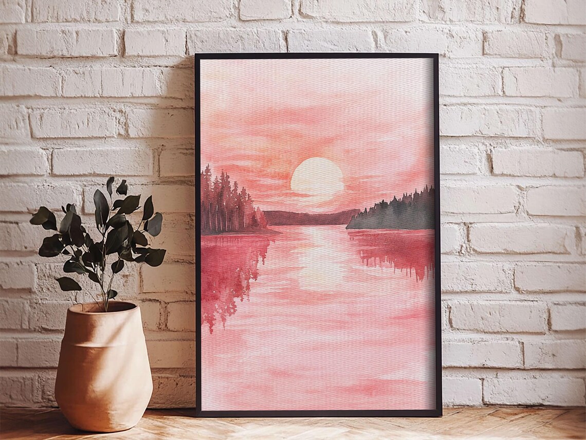 Pink Sunset Over The Lake Watercolor Peaceful Nature Wall Art Print - Image 3