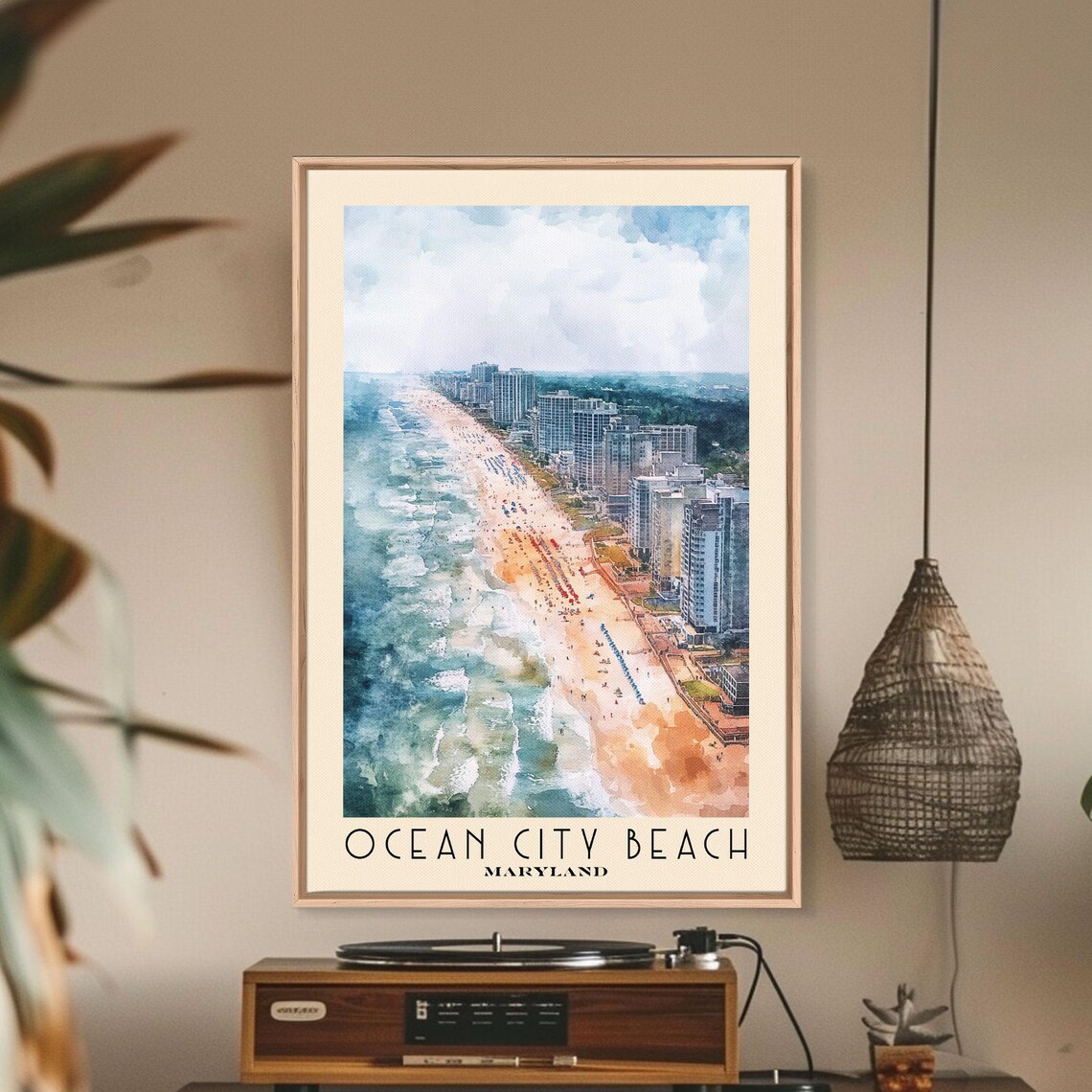 Ocean City Beach Maryland Aerial Skyline Shoreline Watercolor Poster - Image 2