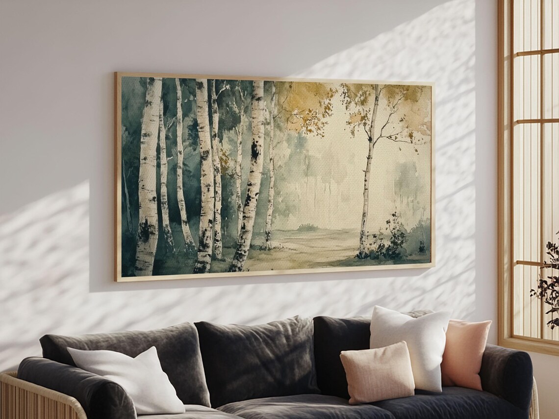 Misty Birch Forest Watercolor Green Gold Abstract Trees Painting Print - Image 2
