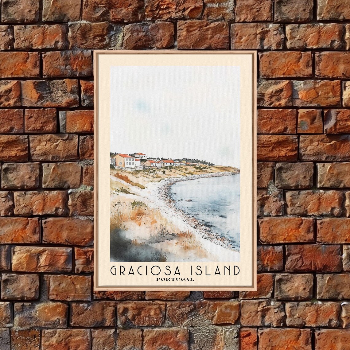 Graciosa Island Portugal Quiet Bay Red Roof Village Watercolor Poster - Image 5