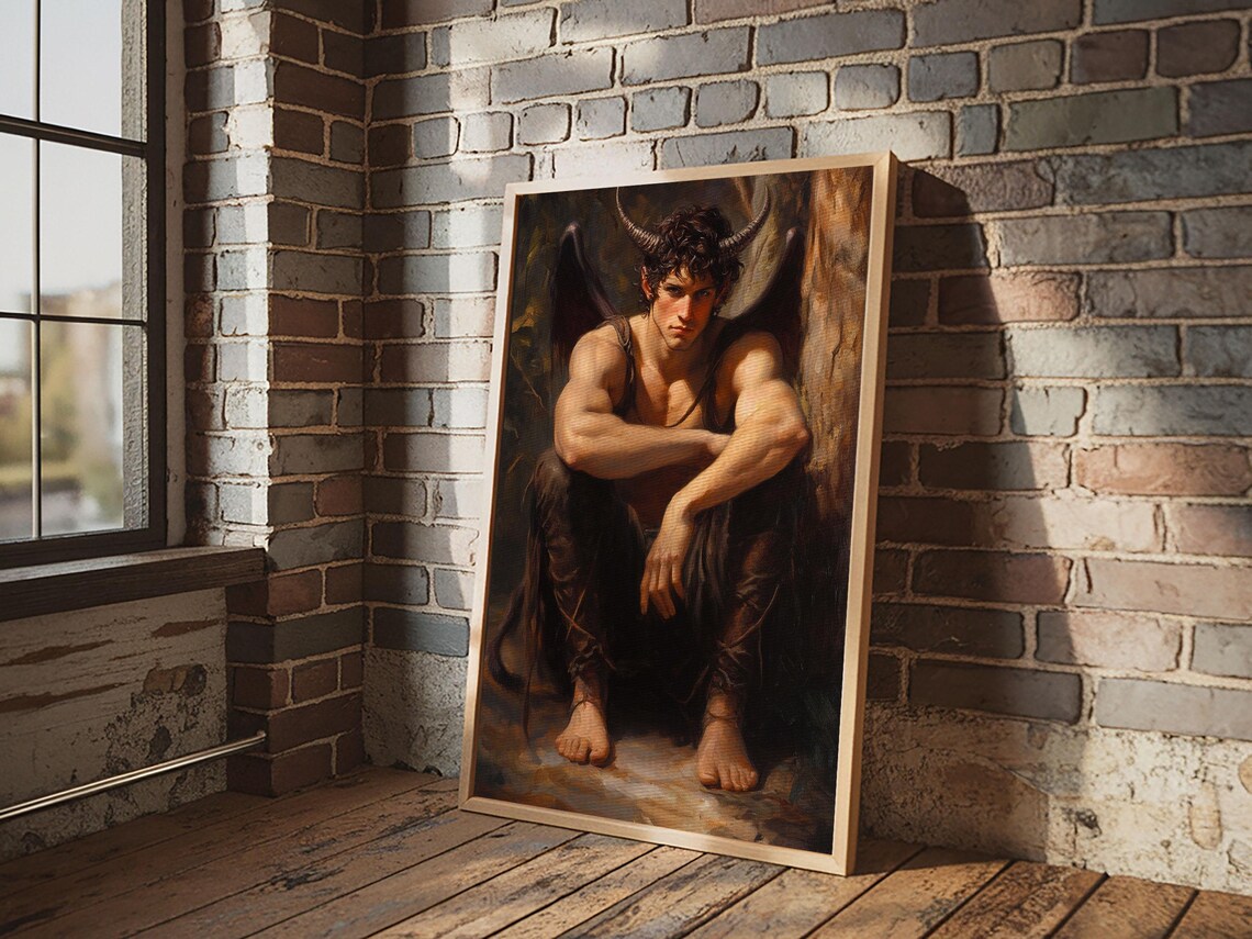 Satyr Young Horned Man Crouching Dark Mythology Classical Oil Art Poster