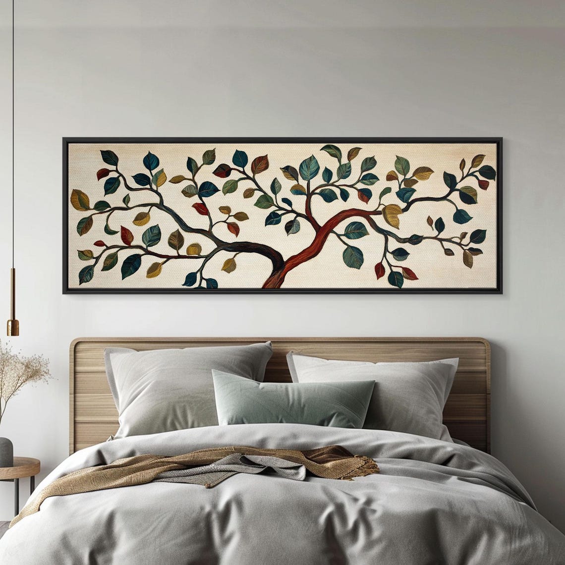 Boho Tree Branch Textile Style Colorful Leaves Panoramic Art Print - Image 4