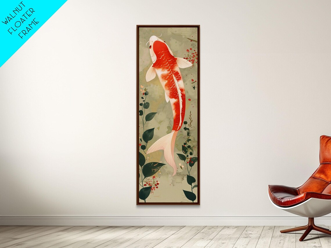 Koi Fish Swimming Gracefully Among Greenery Tall Art Ukiyo E Art Framed Print - Image 2