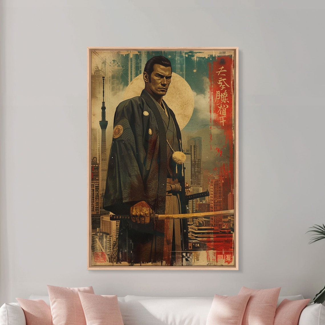 Samurai Warrior Tokyo Cityscape Skytree Gold Moon Modern Wall Art