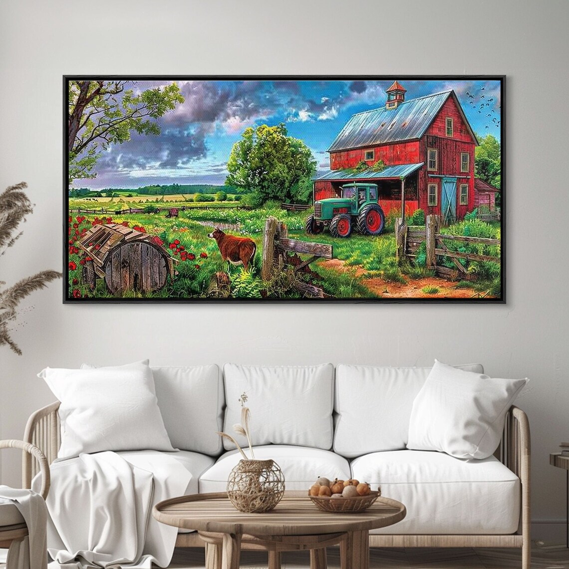 Red Barn Green Tractor Country Farm Scene Cows Pasture Art Poster - Image 2