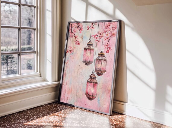 Moroccan Lantern Print Framed Pink Cherry Blossom Wall Art Cottagecore Aesthetic Boho Style Living Room Bedroom Accent Gift