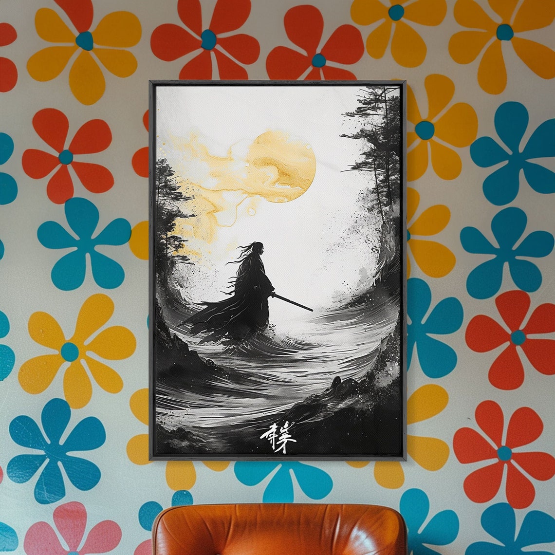 Samurai Silhouette Gold Moon Ocean Waves Ink Brush Japanese Wall Art