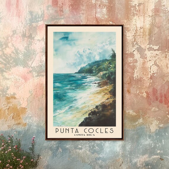 Punta Cocles Costa Rica Sandy Beach Green Hills Turquoise Surf Watercolor Poster
