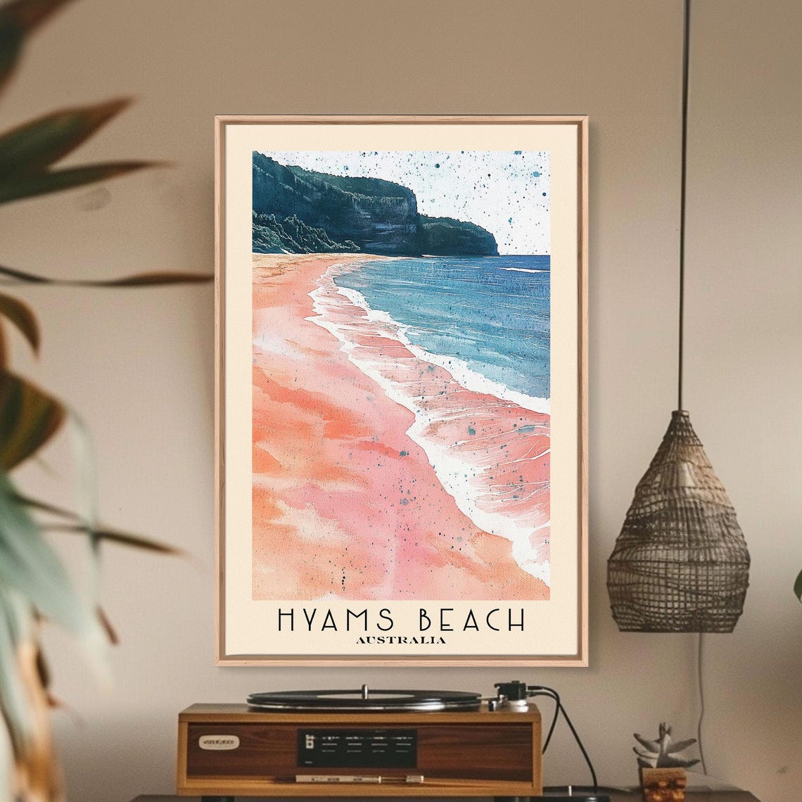 Hyams Beach Australia Pink Sand Headland Cliffs Watercolor Surf Poster