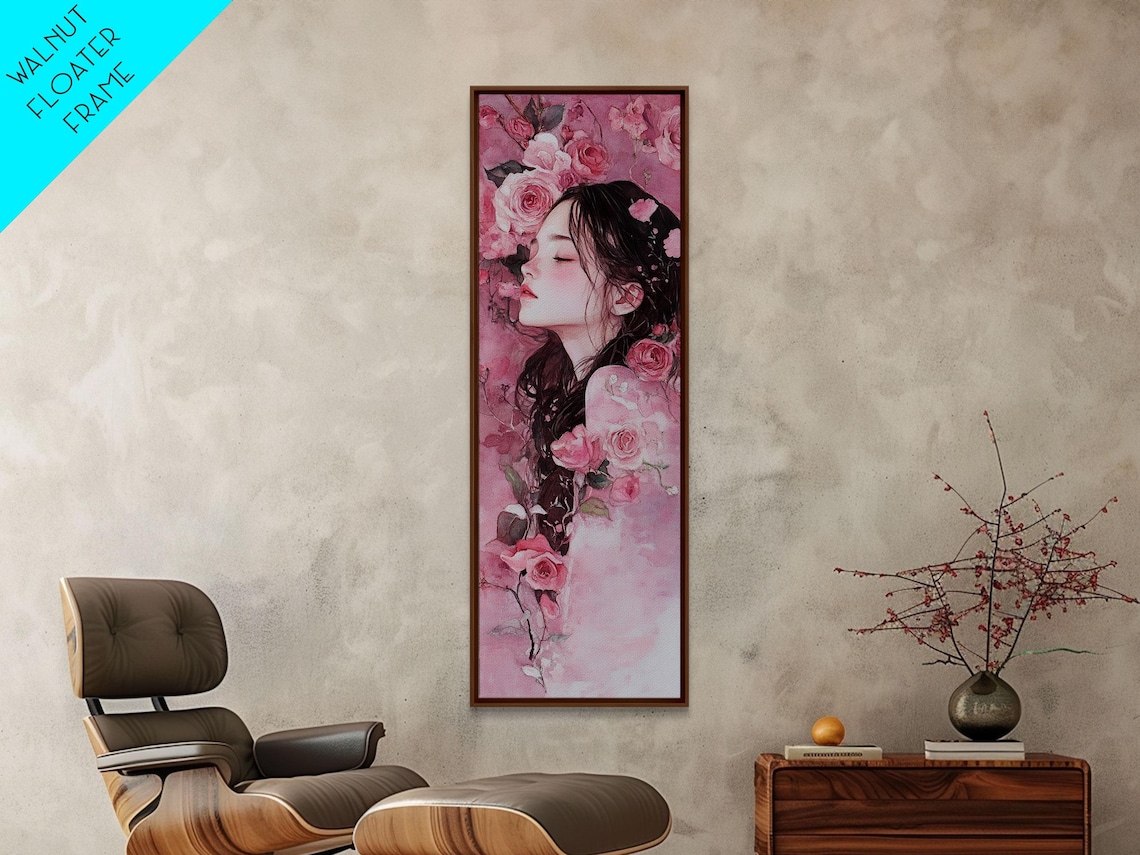 Woman Portrait Among Pink Roses Watercolor Feminine Romantic Wall Art