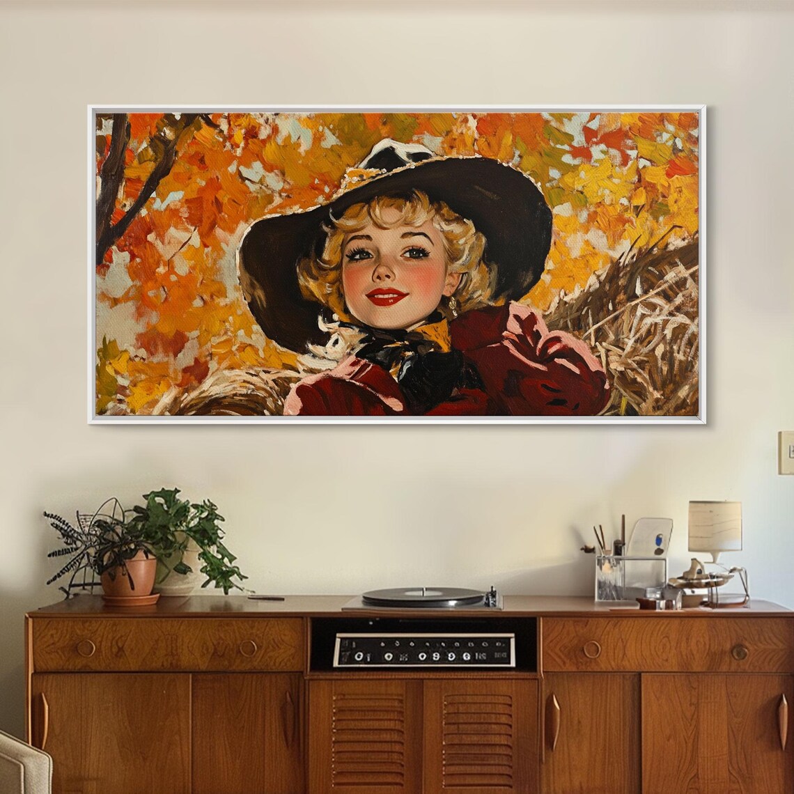 Smiling Retro Cowgirl Among Golden Fall Leaves Vintage Charm Poster - Image 6