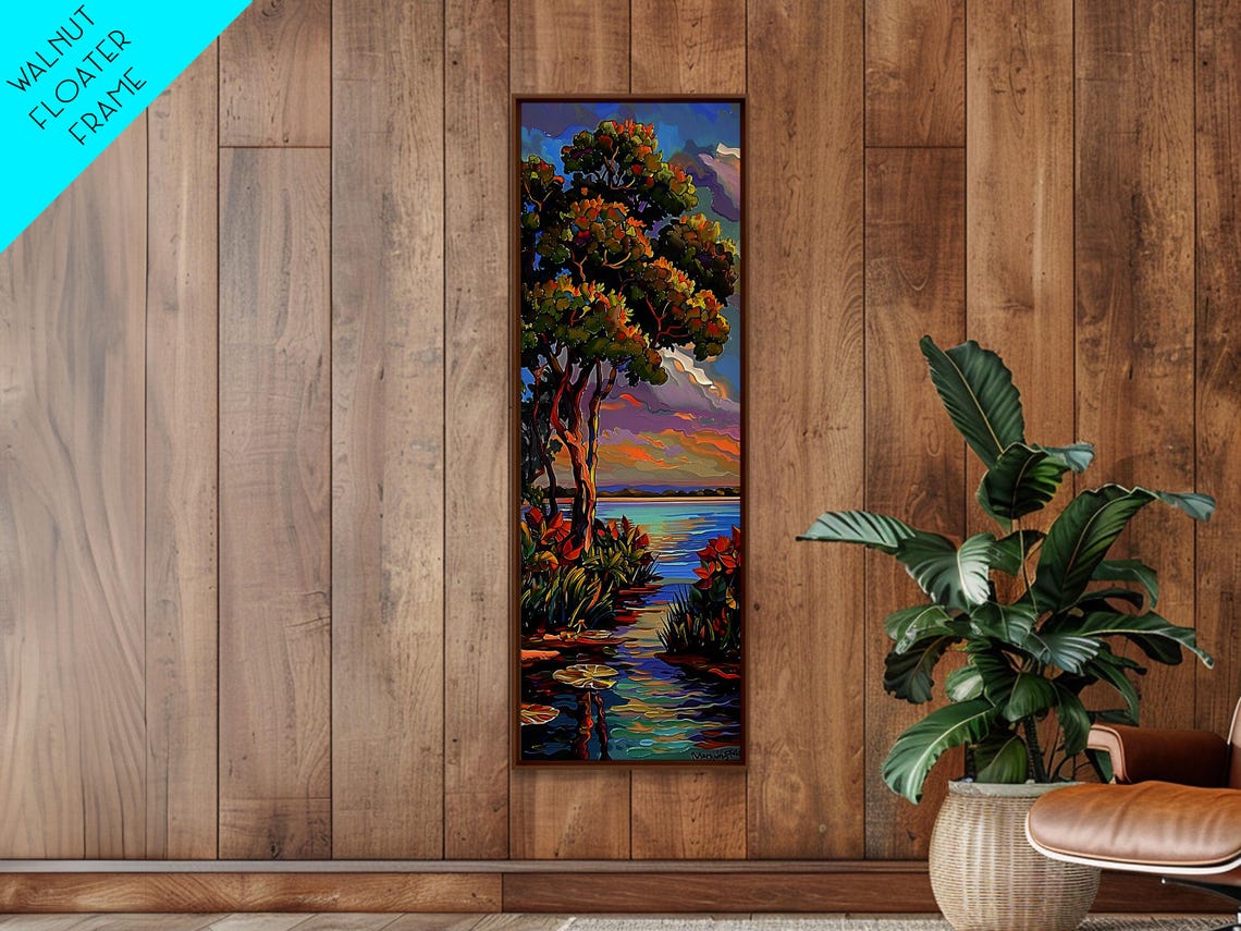 Sunset Over Waterway With Tall Trees And Lily Pads Impasto Lake Poster - Image 5