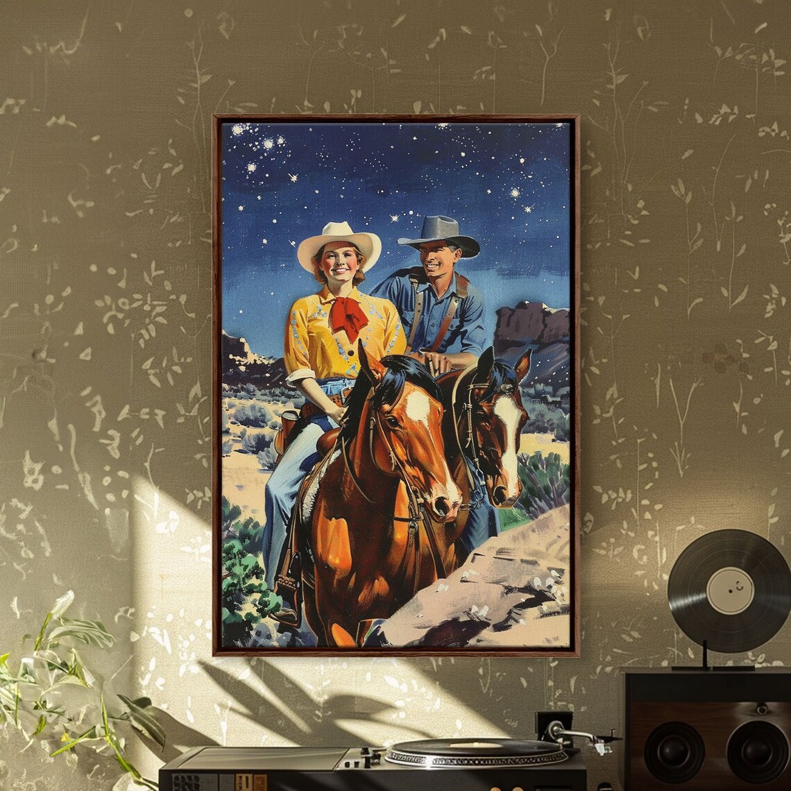 Vintage Western Couple Riding Horses Under Starry Sky Art Poster
