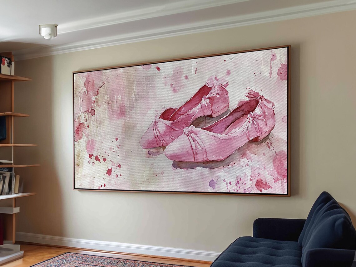 Pink Ballet Slippers Watercolor Satin Dance Shoes Feminine Panoramic Art - Image 6