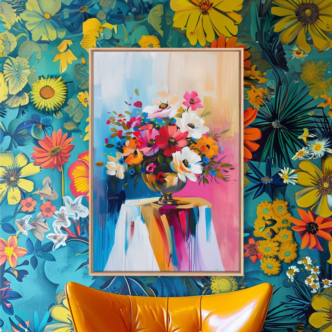 Colorful Flower Bouquet In Vase Pink Blue Modern Floral Poster - Image 2