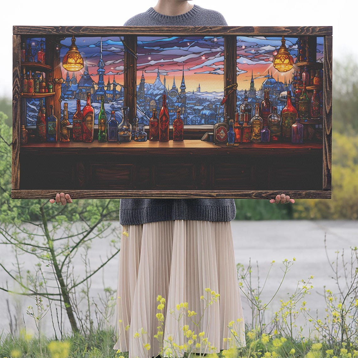 Vintage Tavern Bar Bottles Snowy Old Town Window Art Wall Poster - Image 2