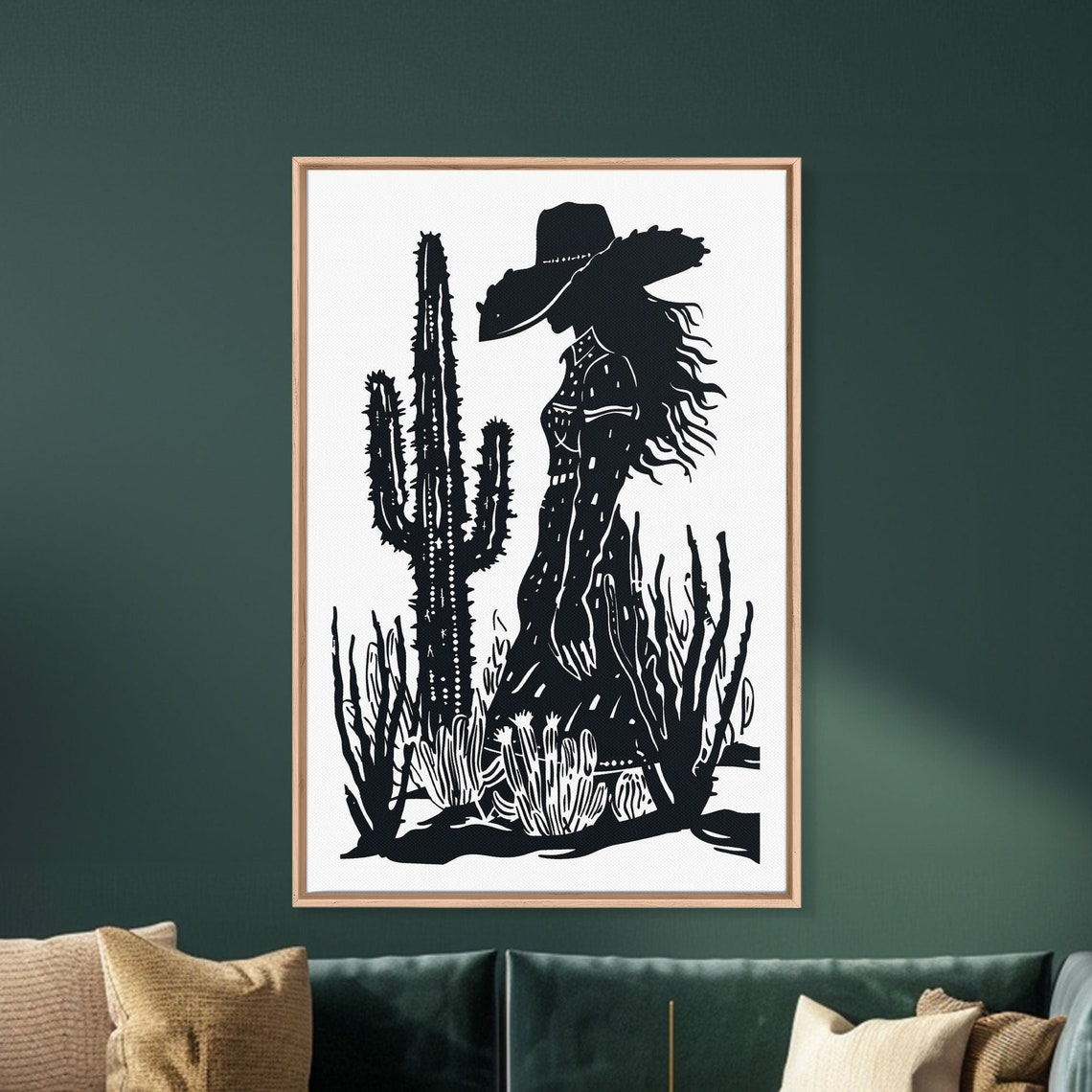 Cowgirl Silhouette Among Desert Cacti Black And White Art Poster - Image 5