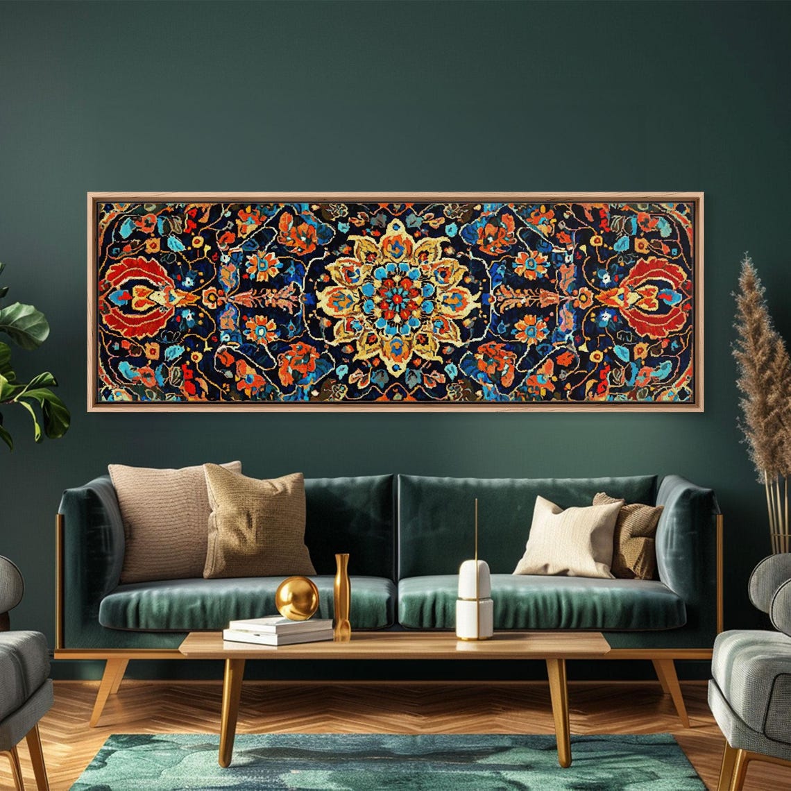 Navy Blue Floral Mandala Tapestry Pattern Panoramic Art Print - Image 3