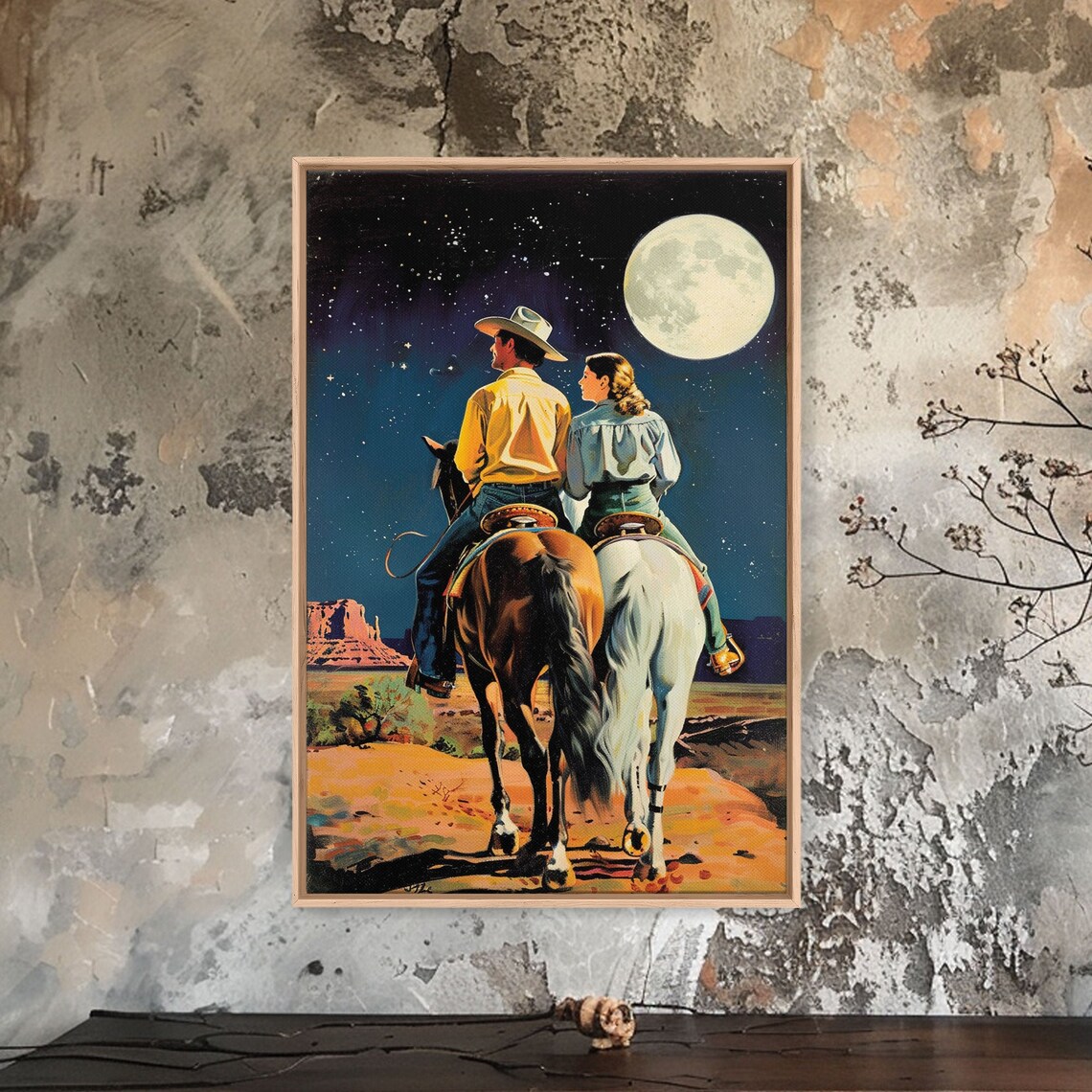 Cowboy Couple On Horseback Gazing At Moon In Desert Night Poster - Image 5