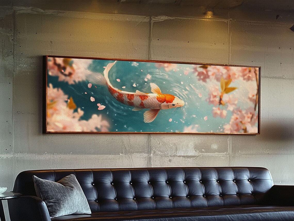 Koi Fish Cherry Blossom Panoramic Painting Orange White Swimming Turquoise Poster - Image 2