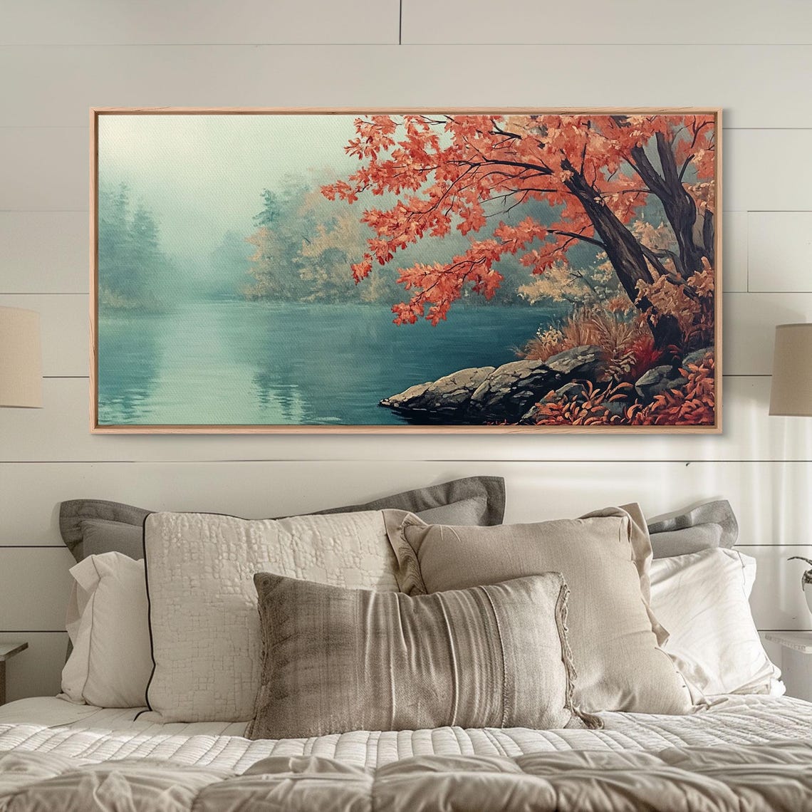 Misty Autumn Lake With A Red Maple Tree On The Rocky Shore Poster - Image 4