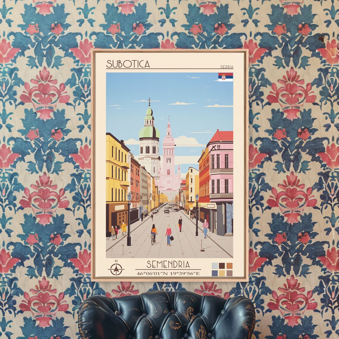 Subotica Serbia Colorful Main Street Church Towers View Travel Poster