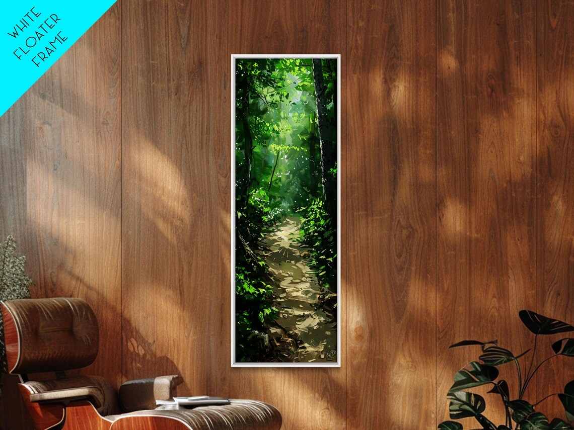 Sunlit Birch Forest Pathway Green Woodland Painting Wall Print - Image 5