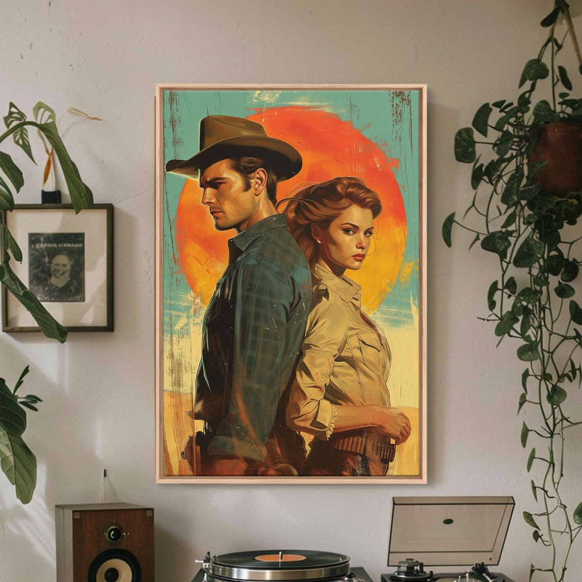 Cowboy Cowgirl Romance Back To Back Western Sunset Pulp Wall Art - Image 2
