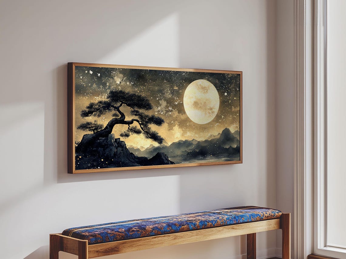 Bonsai Pine Under Full Moon Starry Gold Night Japanese Painting Print - Image 4