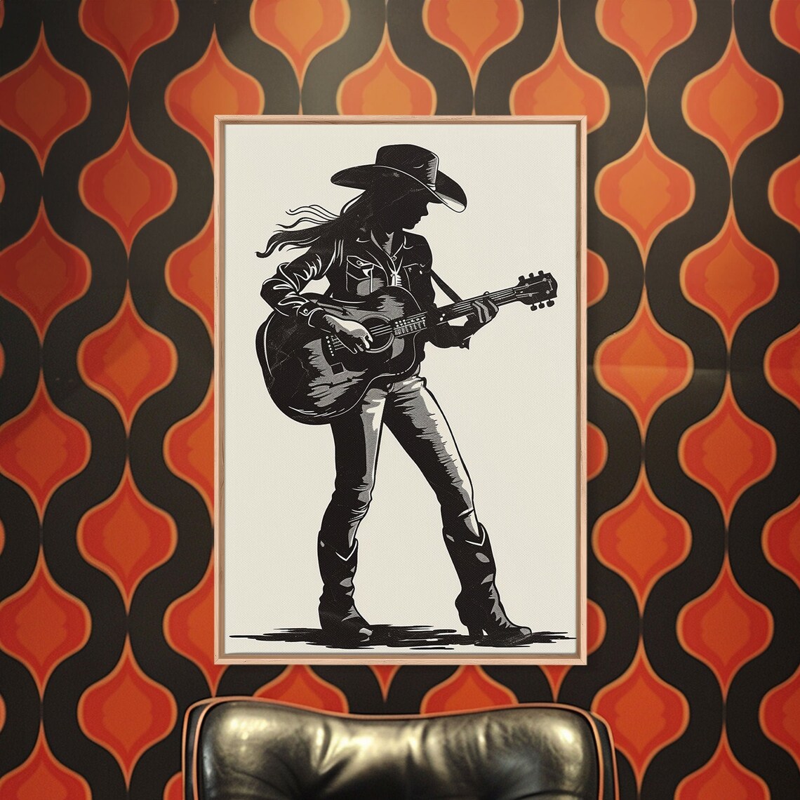 Cowgirl Guitarist Silhouette Country Music Retro Western Art Print