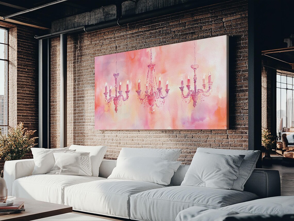 Pink Candle Chandeliers Trio Watercolor Warm Romantic Lighting Poster - Image 2