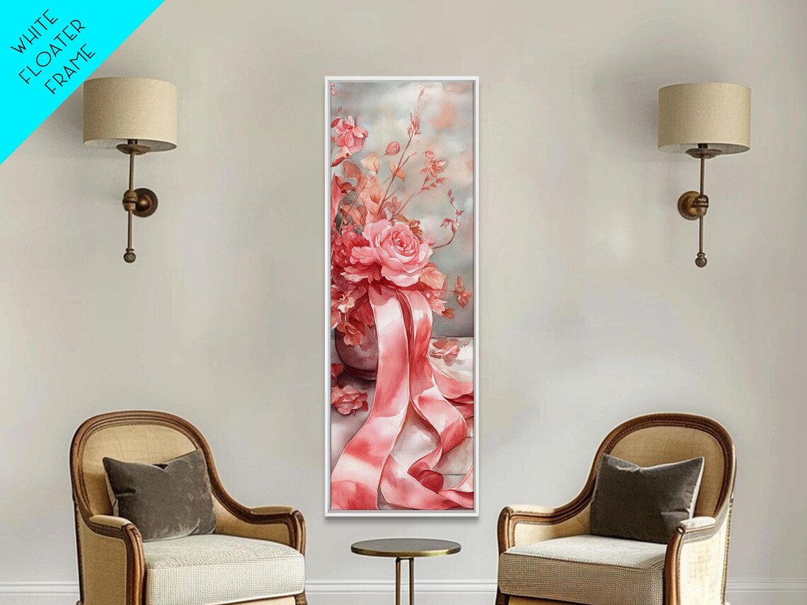 Pink Roses Bouquet Flowing Ribbons Romantic Watercolor Poster - Image 4