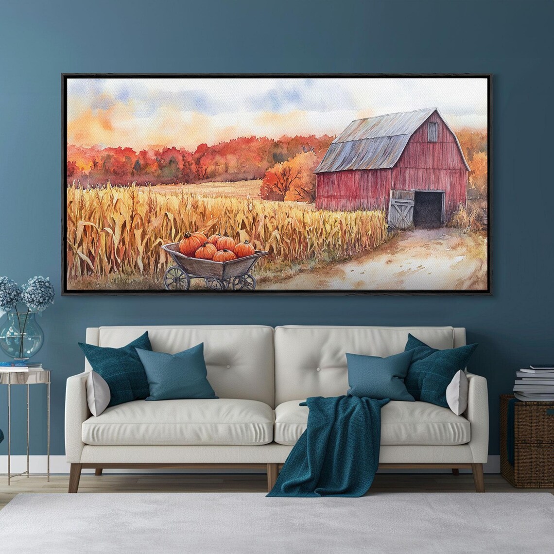 Red Barn Pumpkin Wheelbarrow Golden Cornfield Autumn Landscape Art Print - Image 5