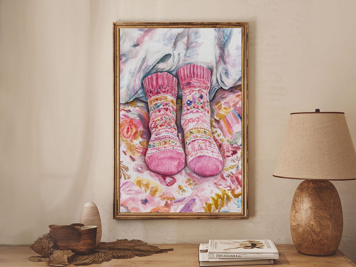 Cozy Pink Socks Watercolor Patterned Knit Winter Bedroom Art Poster - Image 5