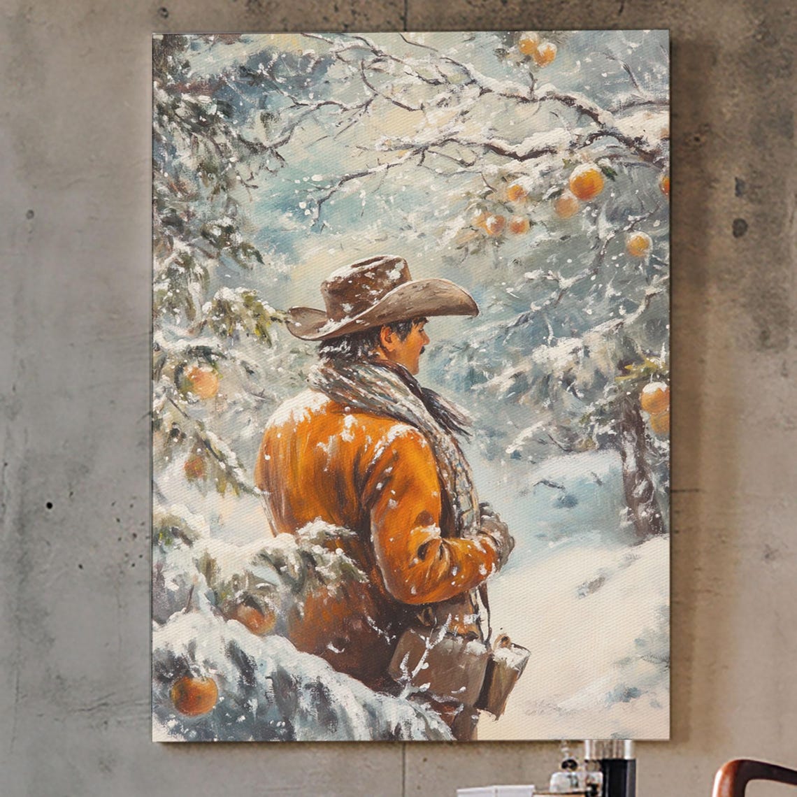 Cowboy In Snowy Orchard Winter Fruit Trees Painterly Western Poster - Image 2