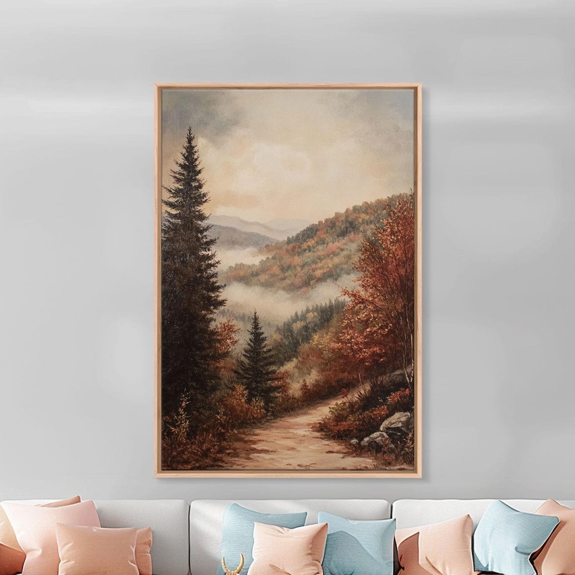Misty Mountain Valley Autumn Path Golden Foliage Landscape Poster