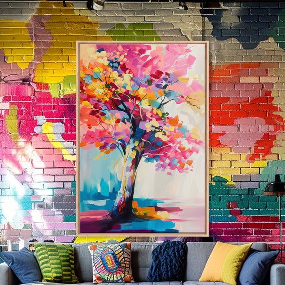 Vibrant Tree Art In Bold Colors Framed Print Modern Wall Art Living Room Decor Colorful Nature Artwork Abstract Tree Art Print