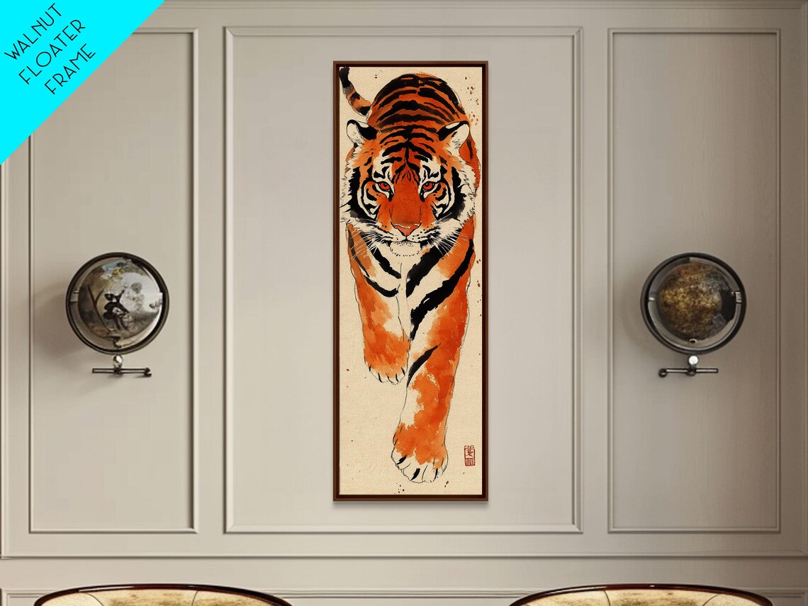 Bold Orange Tiger Striding Forward Intense Gaze Ink Watercolor Art Poster
