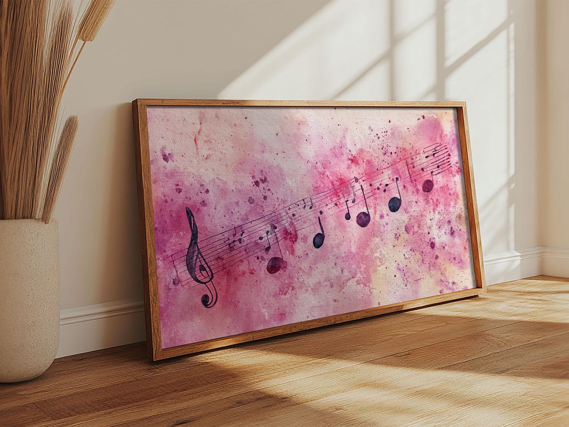 Pink Watercolor Sheet Music With Treble Clef And Floating Notes Poster - Image 5