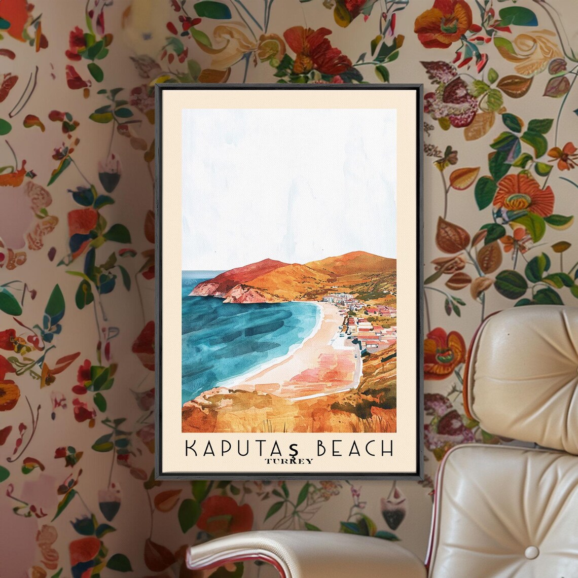 Kaputas Beach Turkey Curving Sandy Bay Turquoise Water Watercolor Poster - Image 2