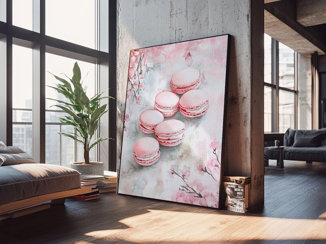 Pink Macarons Cherry Blossom Watercolor Sweet French Bakery Wall Art - Image 5