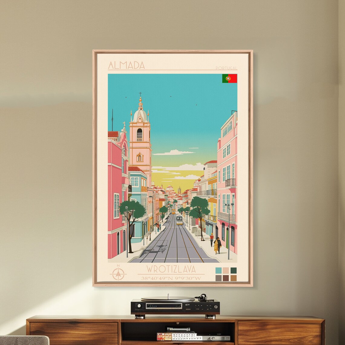 Almada Portugal Sunset Tram Street Bell Tower Pastel Buildings Poster - Image 5