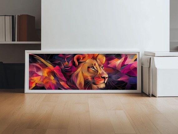 Radiant Lion Profile Magenta Orange Abstract Geometric Panoramic Art Poster