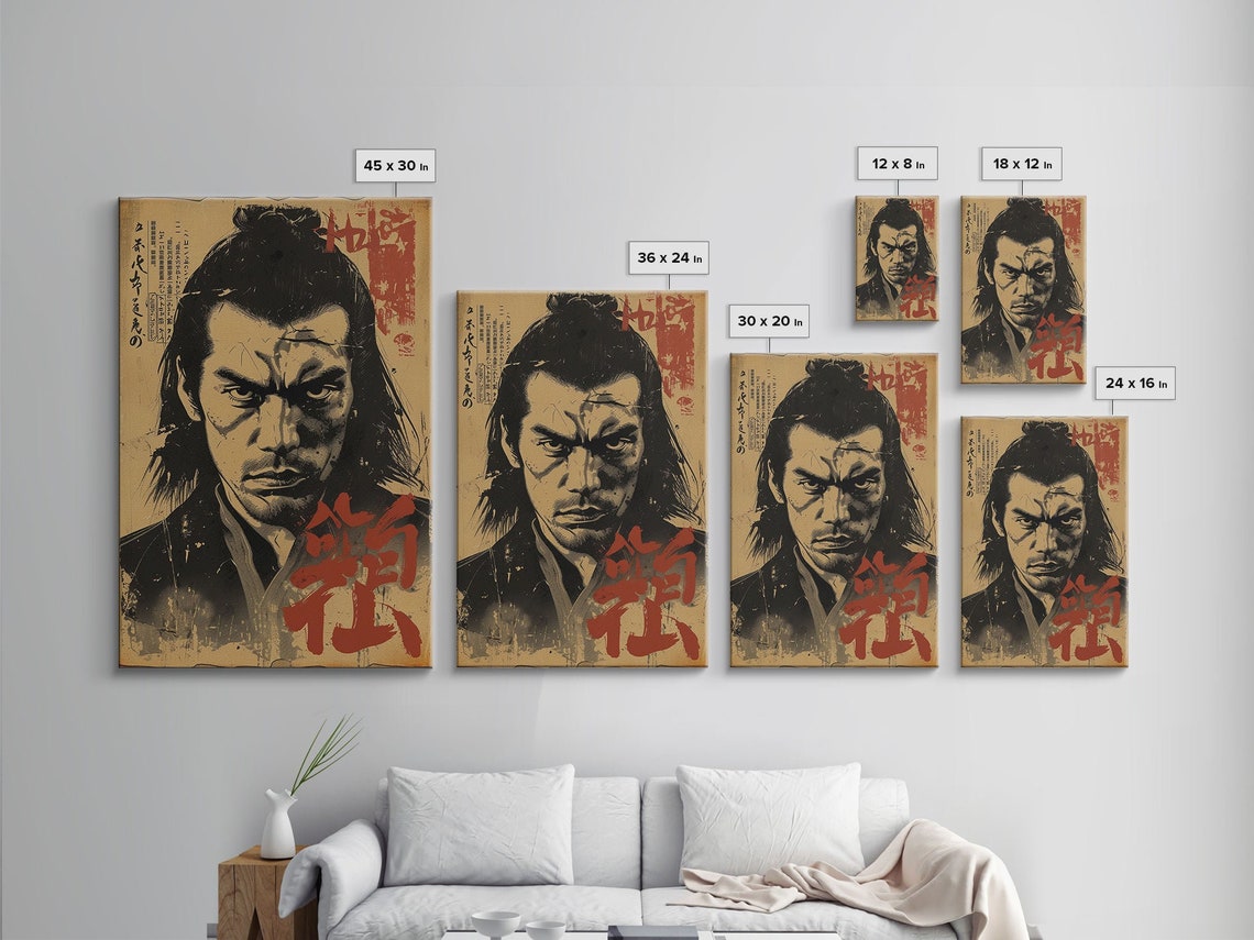 Vintage Japanese Manga Samurai Portrait Poster with Red Kanji Text - Image 2
