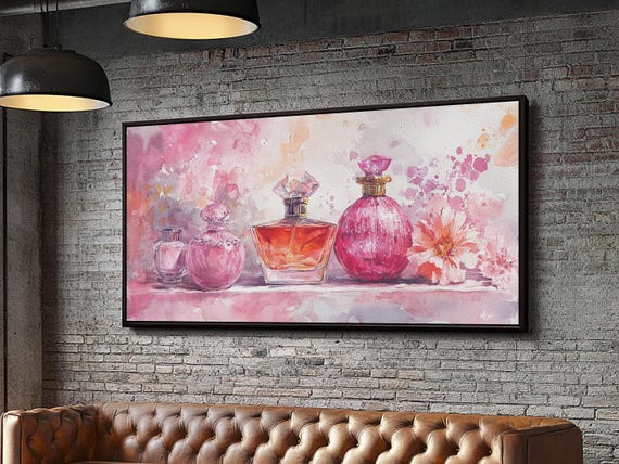 Perfume Bottles Print Feminine Pink Wall Art Whimsical Cottagecore Decor Framed Print Gift Idea Bathroom Art